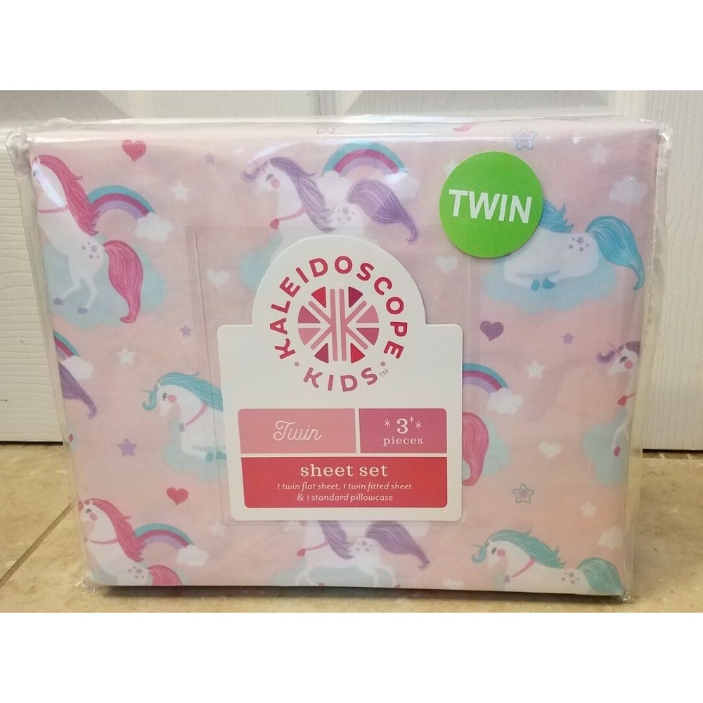 Kaleidoscope Kids TWIN Sheet Set 3pc Bedding Unicorns Rainbows Polyester NEW